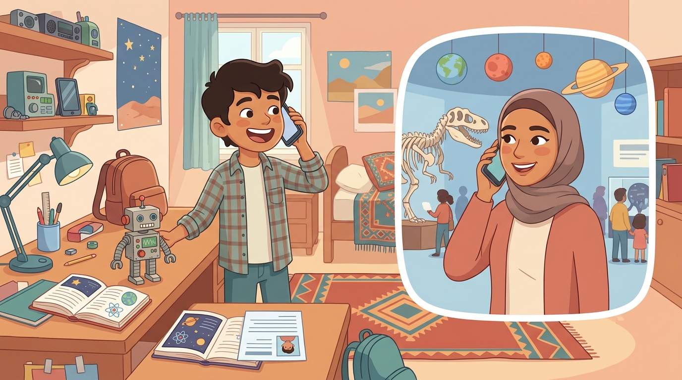 Karim, dans sa chambre avec son petit robot, téléphone tout content ; dans une bulle, Ms. Ines lui répond depuis le musée des sciences, près d'un squelette de dinosaure et des planètes